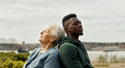 Obraz premium Elderly caucasian woman and young african male relaxing outdoors by the water