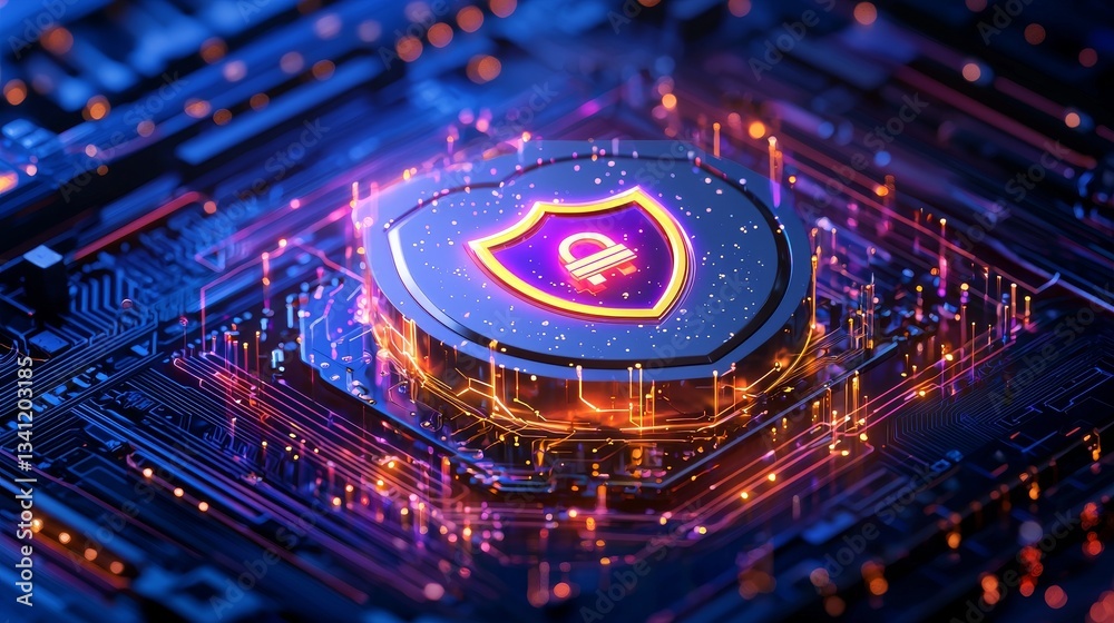Poster a glowing shield adorned with a keyhole icon is situated on a server rack within a data center