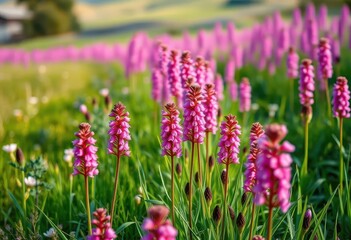 Horizontal line of pink Erinus alpinus blossoms in a spring meadow, pink flowers, flowers