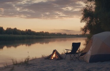 Fototapeta premium As dusk descends, a peaceful riverside camp comes alive with a warm fire and comfortable seating, perfect for relaxation