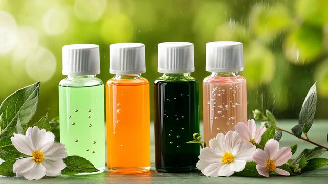 Four bottles of colorful liquid placed on a wooden surface surrounded by leaves and flowers
