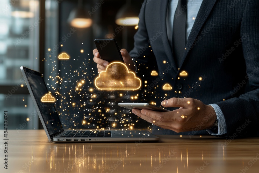 Poster hand cloud technology is used to demonstrate cloud computing, which involves data storage, data tran