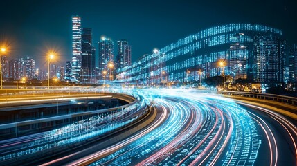 Fototapeta premium The concept of digitization and data transfer speed is depicted through an abstract road with blue light trails