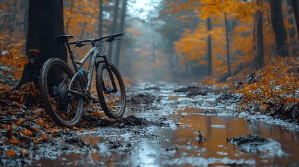 A bicycle leaning against a tree in an autumn forest trail