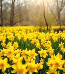 Obraz premium Sunlit field of vibrant yellow daffodils blooming in spring, countryside, nature