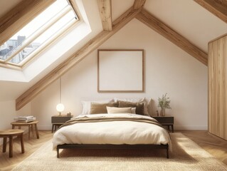 A bedroom with a white bed and a white wall. A picture frame is on the wall. A lamp is on the floor