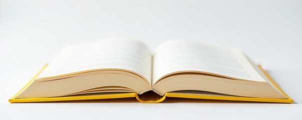 Naklejka premium Bright yellow hardcover book lies open, showcasing crisp white pages against a pure white backdrop, texture, open book, cover