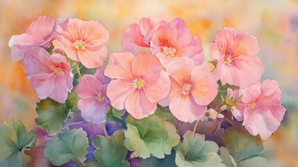 Watercolor painting of pink geraniums in bloom