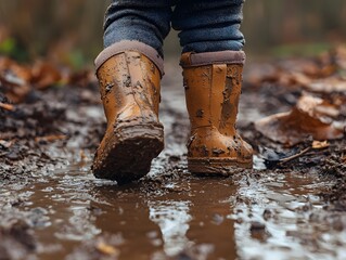 Carefree toddler stomping in a muddy puddle