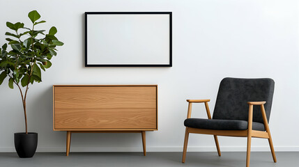 Mid Century Modern Living Room Interior with Oak Cabinet and Black and White Chair