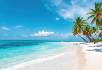 Azure water laps white sand shore, palm trees sway gently in breeze, ocean, pristine