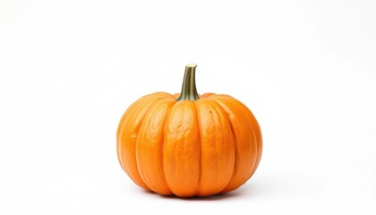 A whole, vibrant orange pumpkin sits centered against a pure white backdrop, food, texture