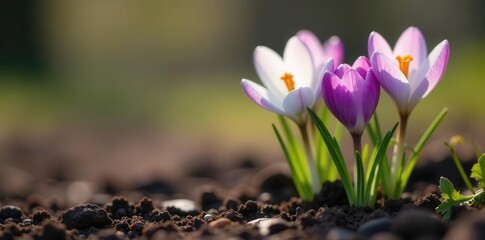 Obraz premium Close-up of delicate crocuses and snowdrops emerging from the earth , delicate, nature, white