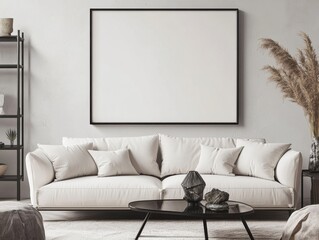 A white couch with pillows on it sits in front of a large blank wall. A black coffee table sits in front of the couch