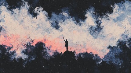 In a serene illustration, a figure stands on a cliff at sunset, holding a lantern to signify hope and the spirit of exploration in a tranquil environment