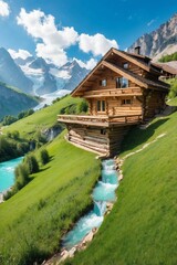 Fototapeta premium Wooden Log House on Top of a Lush Green Hill Slope, Overlooking a Lake and Stream on a Sunny Day, Creating an Atmosphere of Comfort and Harmony with Nature