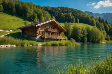 Fototapeta premium Wooden Log House on Top of a Lush Green Hill Slope, Overlooking a Lake and Stream on a Sunny Day, Creating an Atmosphere of Comfort and Harmony with Nature