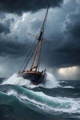 Obraz premium Yacht in the Midst of a Tumultuous Ocean Battling Whirlwinds and Thunderstorms During a Storm, Symbolizing Strength and the Quest for Shelter