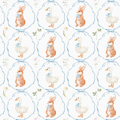 A charming and whimsical illustration adorable rabbits and ducks