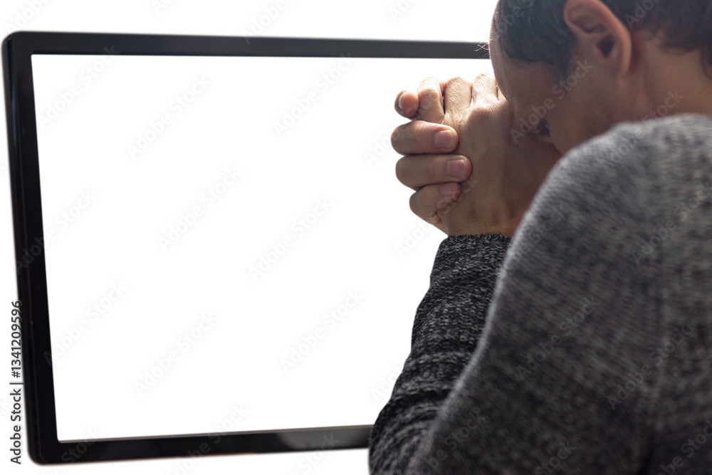 Poster upset stressed man using pc with white screen having problems. back view of man using computer, clos
