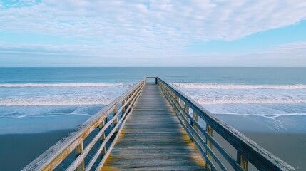 Obraz premium Wooden pier stretching into the calm ocean with a serene sky above during the day