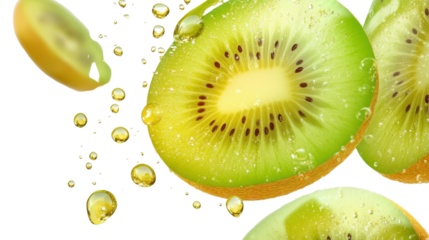Green kiwi slice with drop golden isolated on white background 