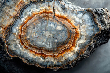 Obraz premium Petrified wood cross-section reveals stunning concentric rings of grey, white, and orange hues, showcasing the beauty of fossilized wood.
