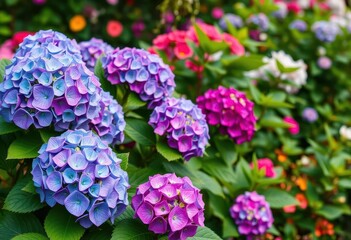 Obraz premium Lush hydrangea blooms in vibrant summer garden, serenity, pink