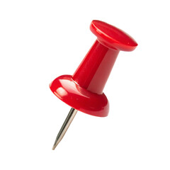 A red pushpin with a sharp metal tip and plastic round head isolated on a white background looking bright and useful	
