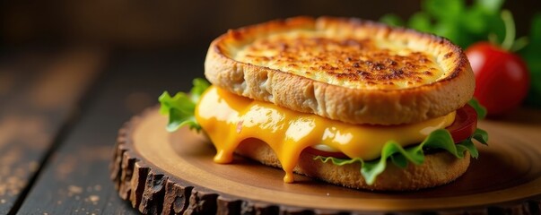 Crispy panini, melted cheese, rustic wood serving board, panini, lunch, image