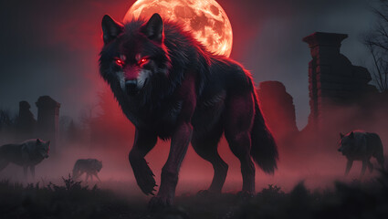 Under the Crimson Moon Wolves in a Mysterious Realm wolf red eyes