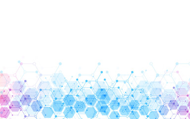 Hexagons pattern background. Genetic research, molecular structure. Chemical engineering. Concept of innovation technology. Used for design healthcare, science and medicine background