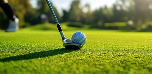 Close-up of golf club and ball on lush green course in sunlight.