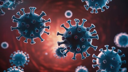 Microbiology studies viruses and their role in disease development. A digitally rendered close-up of virus particles, showcasing their structure and detail, set against a blurred background.