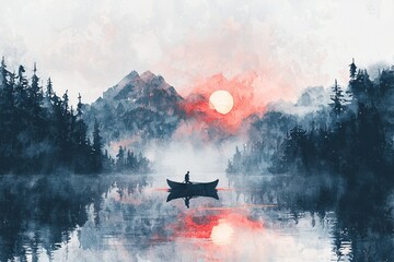 Fototapeta premium A tranquil watercolor representation of a tiny vessel on an expansive sea, with the horizon radiating softly, embodying the boundless possibilities of discovery