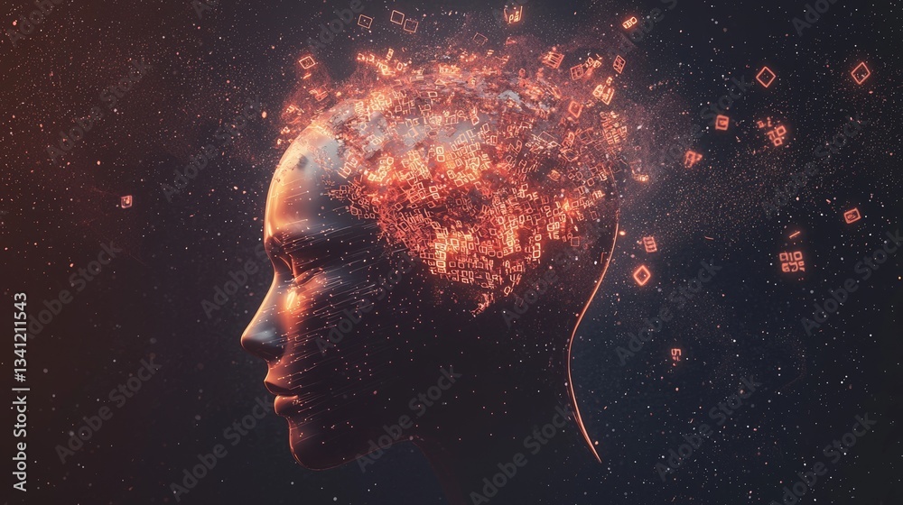Poster digital binary symbols form a pattern overlaying a woman's face, which represents technology and dat
