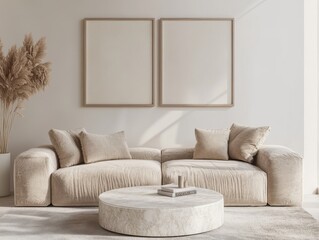 Fototapeta premium A white couch with two pillows on it. A coffee table with a book on it. A white wall with a picture frame