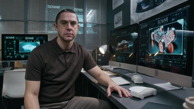 Medium portrait of calm, relaxed young Caucasian male car engineer sitting at desk at automotive design studio, looking at camera, next to computer screens with digital renderings of racing prototypes