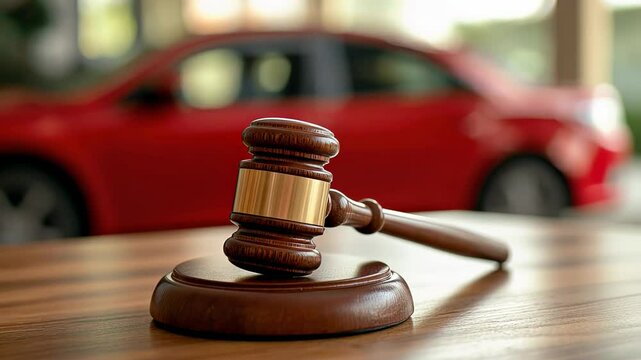 A close-up of a judge&rsquo;s gavel on a desk, with a blurred red car in the background, symbolizing legal decisions related to automobiles, car auctions