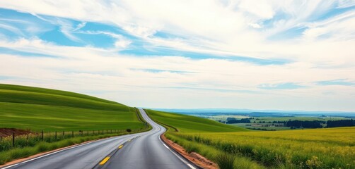 Sweeping vista of a country road winding through verdant meadows under a vast sky, nature, rural, grassland