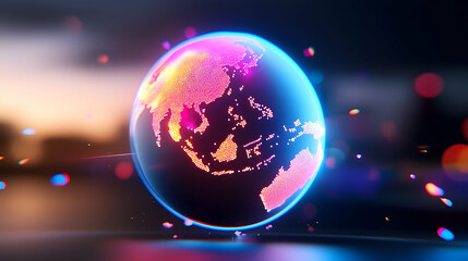Futuristic Digital Earth Spinning with Bright Neon Lights