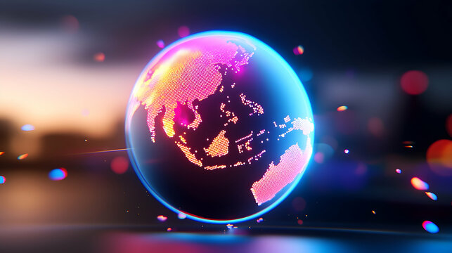 Futuristic Digital Earth Spinning with Bright Neon Lights