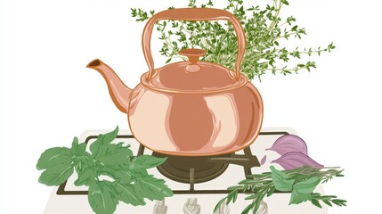 Copper Kettle with Fresh Herbs for a Delicious Herbal Tea
