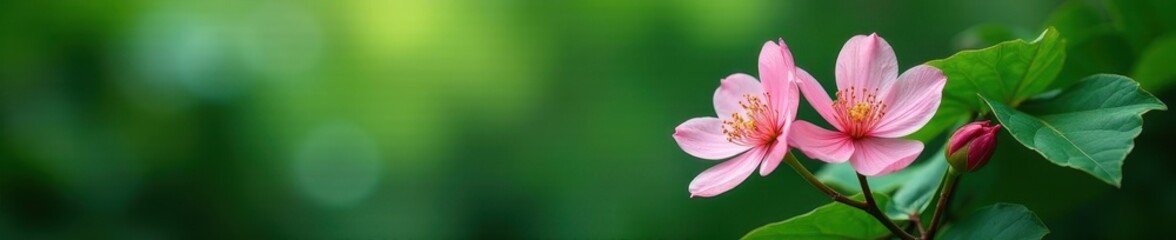 Obraz premium Delicate pink blossoms, lush green tropical leaves, minimal background , tropical leaves, aesthetic