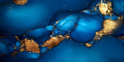 Blue gold abstract art; swirling, fluid design