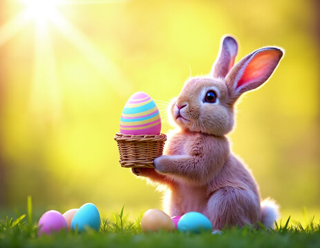 AI generation of Easter rabbit hold decorated egg on the spring green meadow