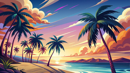 vector of row of majestic palm trees sways rhythmically under a vast sky, kissed by the gentle ocean breeze © koushkij
