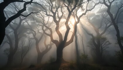 Obraz premium Eerie fog shrouds ancient trees, sunlight barely piercing misty canopy, moody, fog
