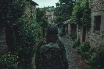 Obraz premium A young woman equipped with a backpack, ready for hiking and adventure in rugged terrain