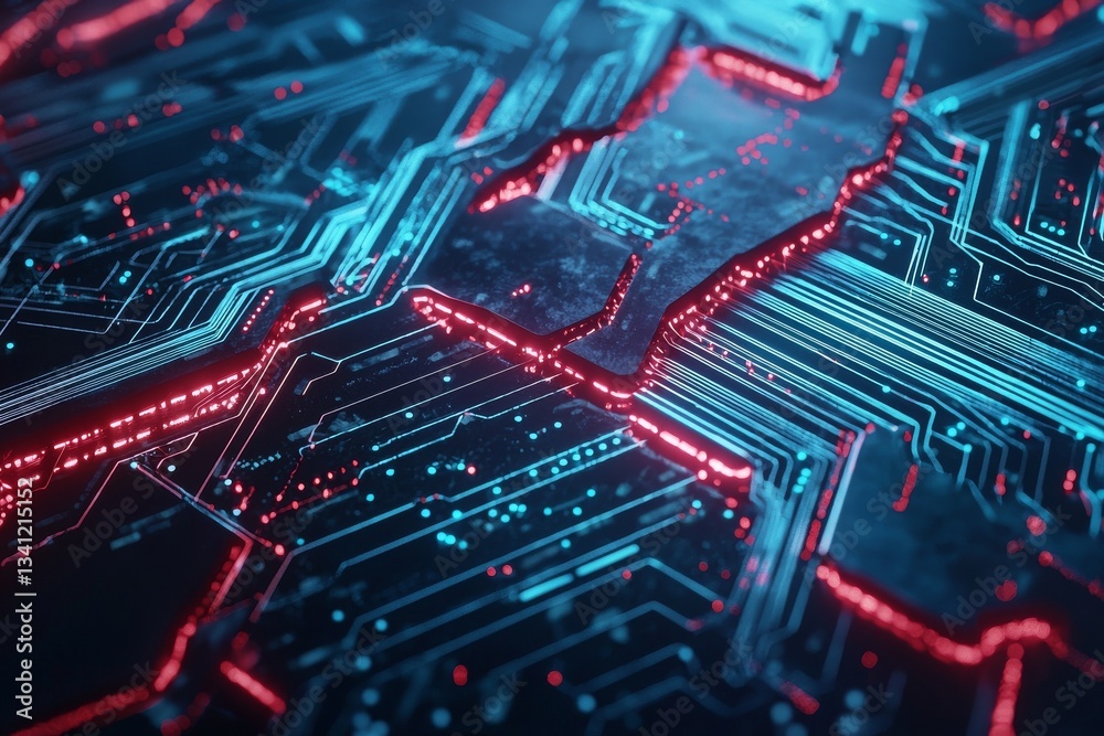 Poster modern technology is represented by a futuristic digital landscape with neon light trails and high-t